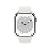Refurbished Apple Watch Series 8 with 45mm silver aluminium case and white sport band.