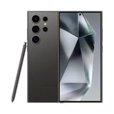 Refurbished Samsung Galaxy S24 Ultra in Titanium Black showing sleek design and multiple cameras.