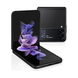 Refurbished Samsung Galaxy Z Flip3 in phantom black, showing compact folded design and dual camera.